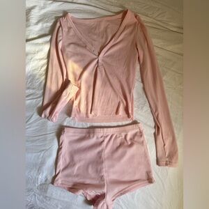 Baby/light Pink Ribbed Long Sleeve Top and Shorts Lounge Set